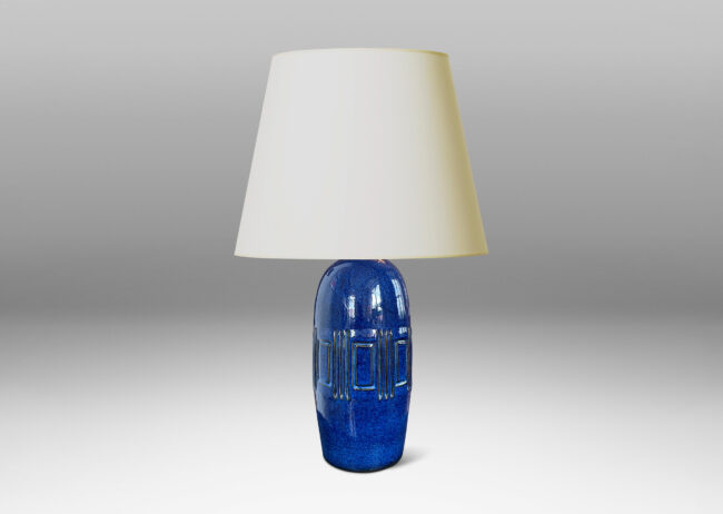 Gallery BAC tall organically modeled form with wide band of carved geometrics, glazed in a richly saturated blue