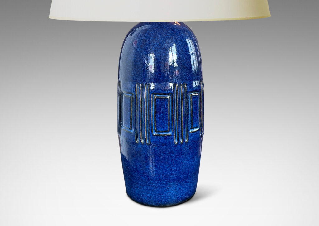 Gallery BAC tall organically modeled form with wide band of carved geometrics, glazed in a richly saturated blue