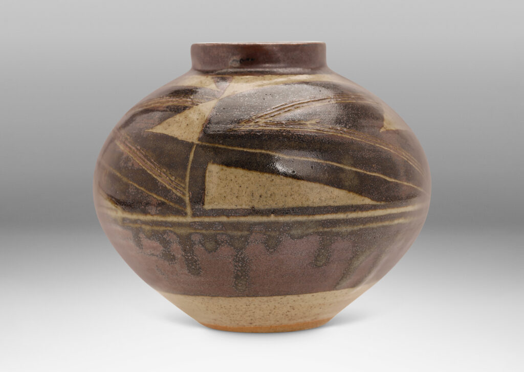 Gallery BAC plump globe form with hand-painted geometric pattern in light, medium and dark brown tones