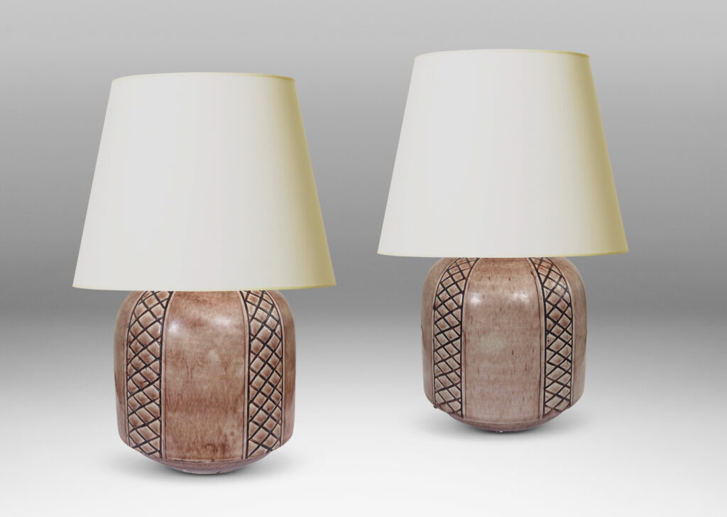 Gallery BAC drum forms ornamented with diamond lattice stripes, glazed in a light brown wash