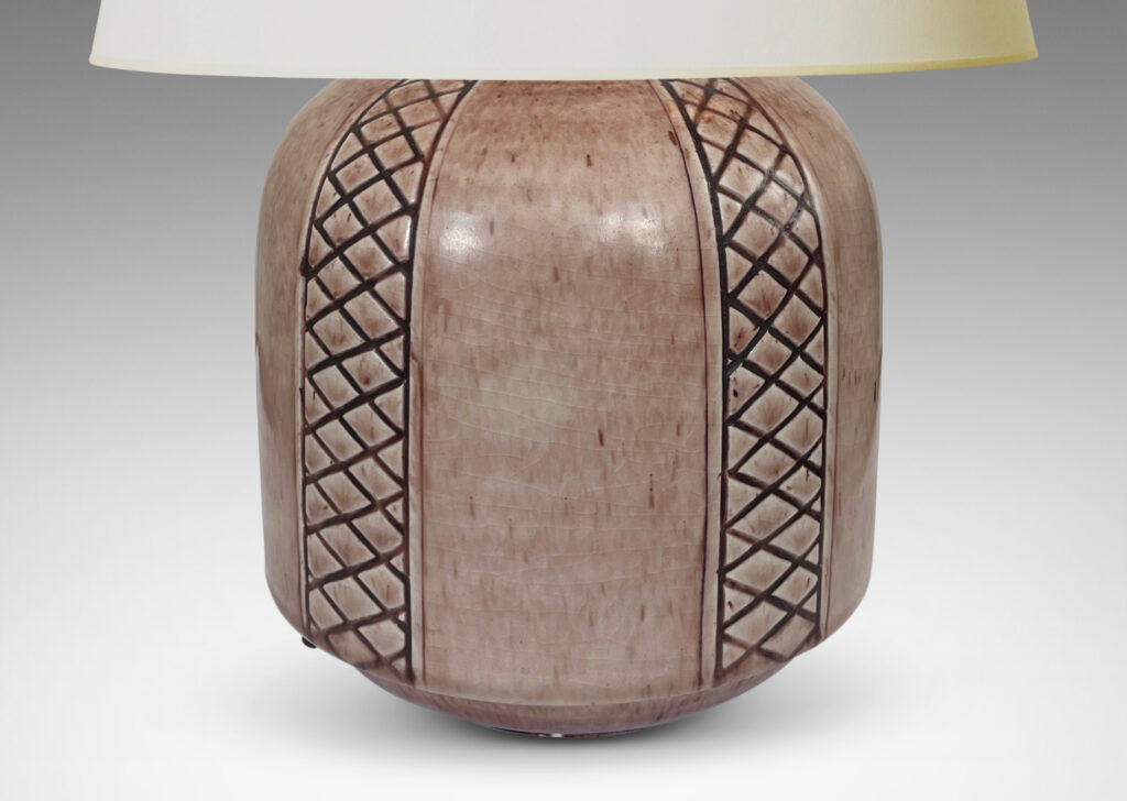 Gallery BAC drum forms ornamented with diamond lattice stripes, glazed in a light brown wash