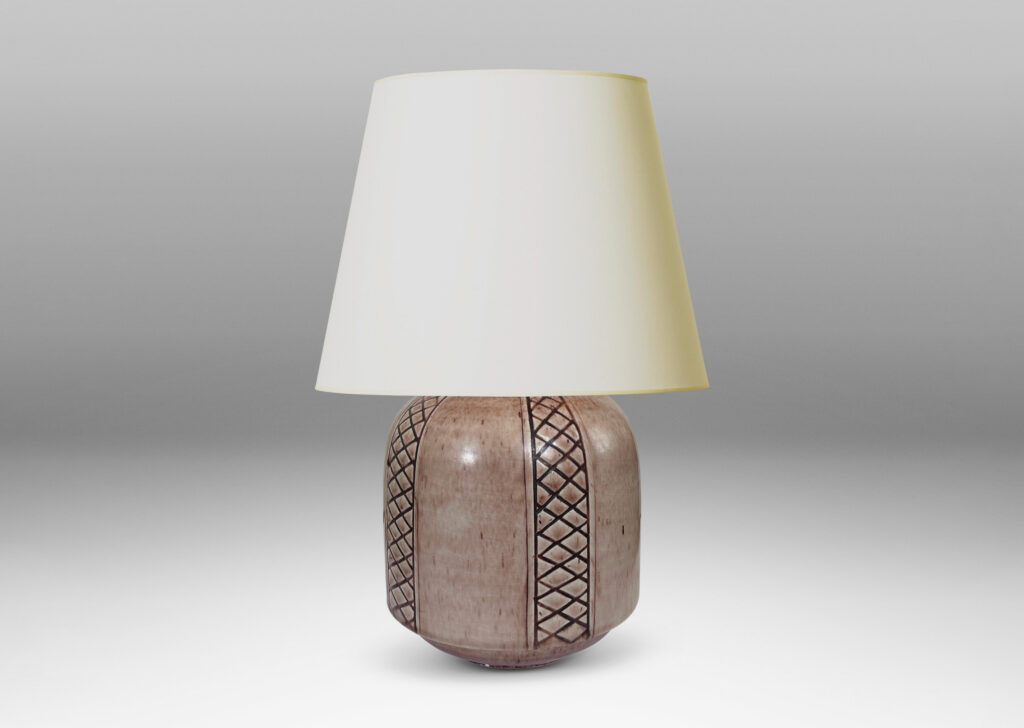 Gallery BAC drum forms ornamented with diamond lattice stripes, glazed in a light brown wash