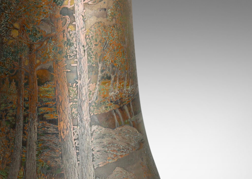 Gallery BAC tall undulating bell form with wonderfully detailed countryside scenes in low relief, with applied cast bottom edging decorated with pine boughs