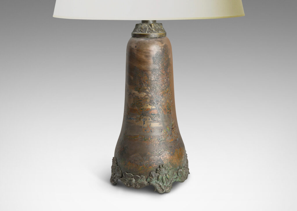 Gallery BAC tall undulating bell form with wonderfully detailed countryside scenes in low relief, with applied cast bottom edging decorated with pine boughs