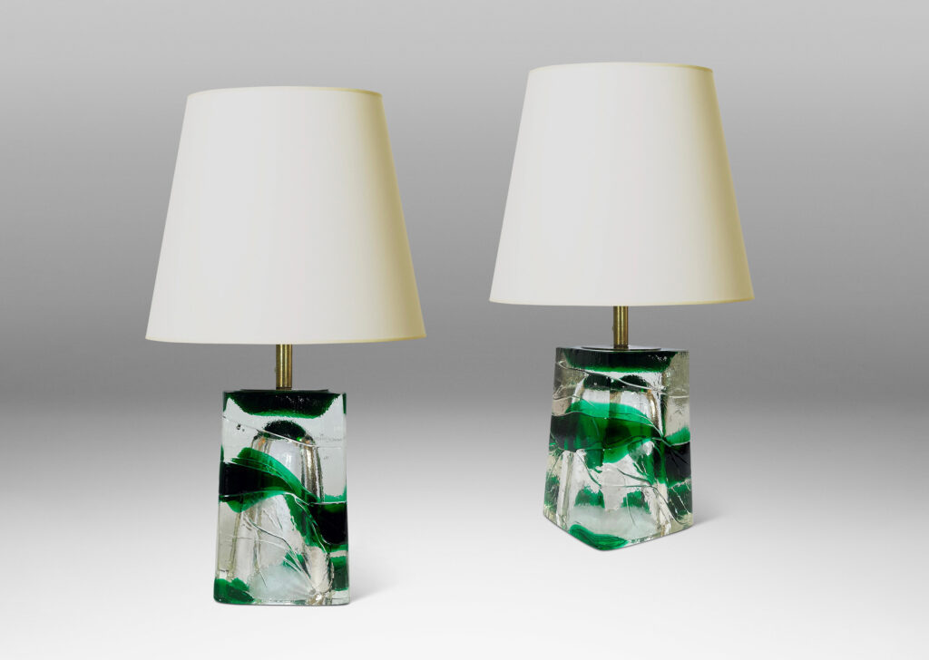 Gallery BAC raked four-sided forms in clear and alpine green glass; hand-formed crystal with brass mounts