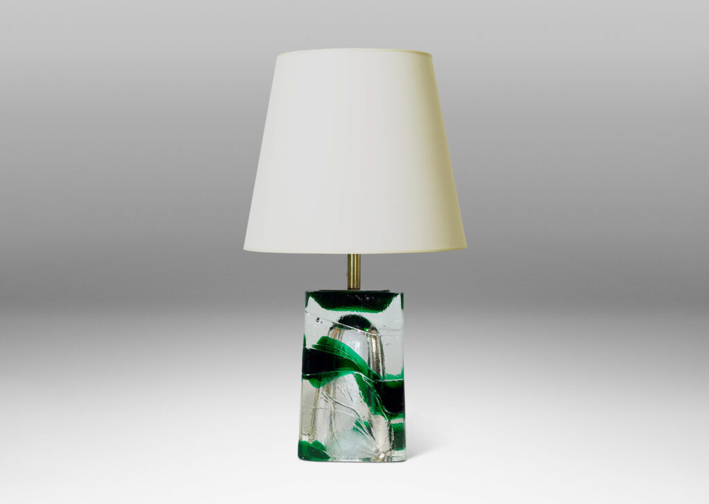 Gallery BAC raked four-sided forms in clear and alpine green glass; hand-formed crystal with brass mounts