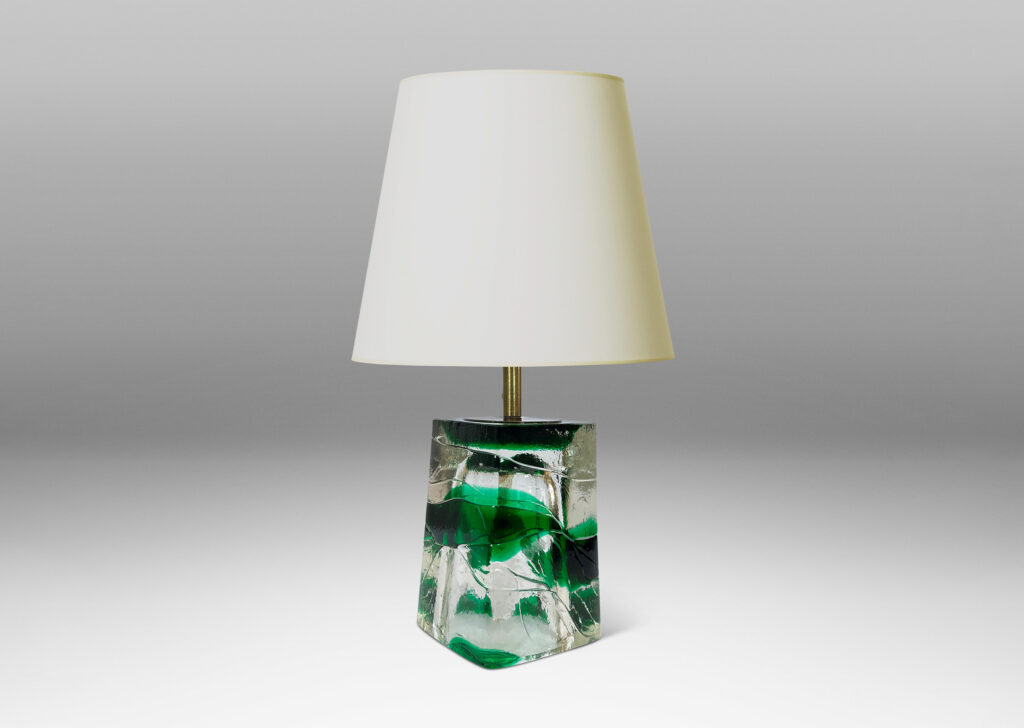 Gallery BAC raked four-sided forms in clear and alpine green glass; hand-formed crystal with brass mounts