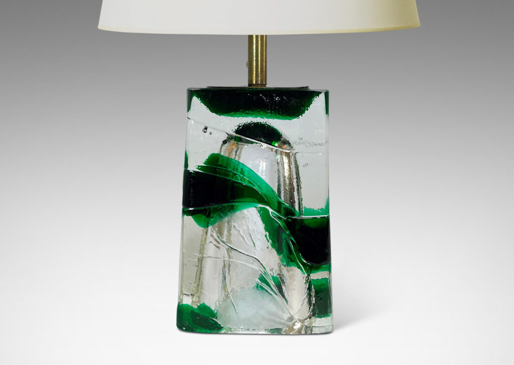 Gallery BAC raked four-sided forms in clear and alpine green glass; hand-formed crystal with brass mounts