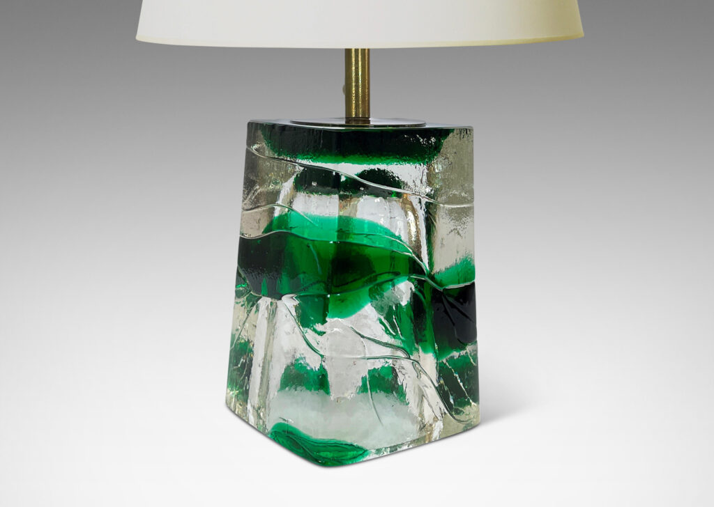 Gallery BAC raked four-sided forms in clear and alpine green glass; hand-formed crystal with brass mounts