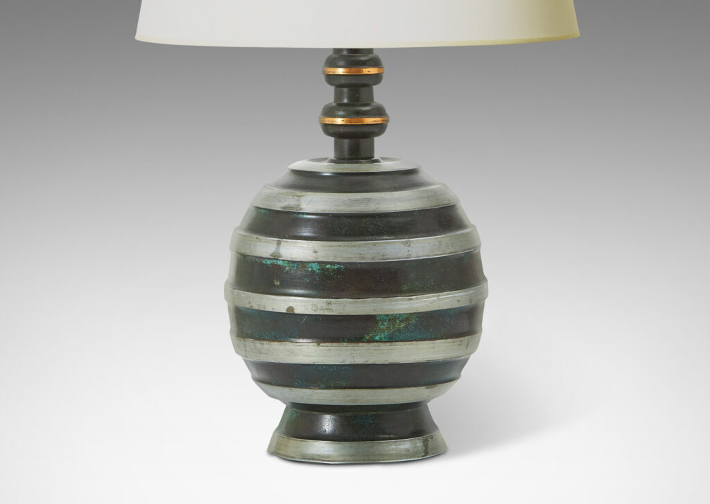 Gallery BAC globe forms with a verdigirs finsih and raised horizontal bands; pewter or white metal, brass