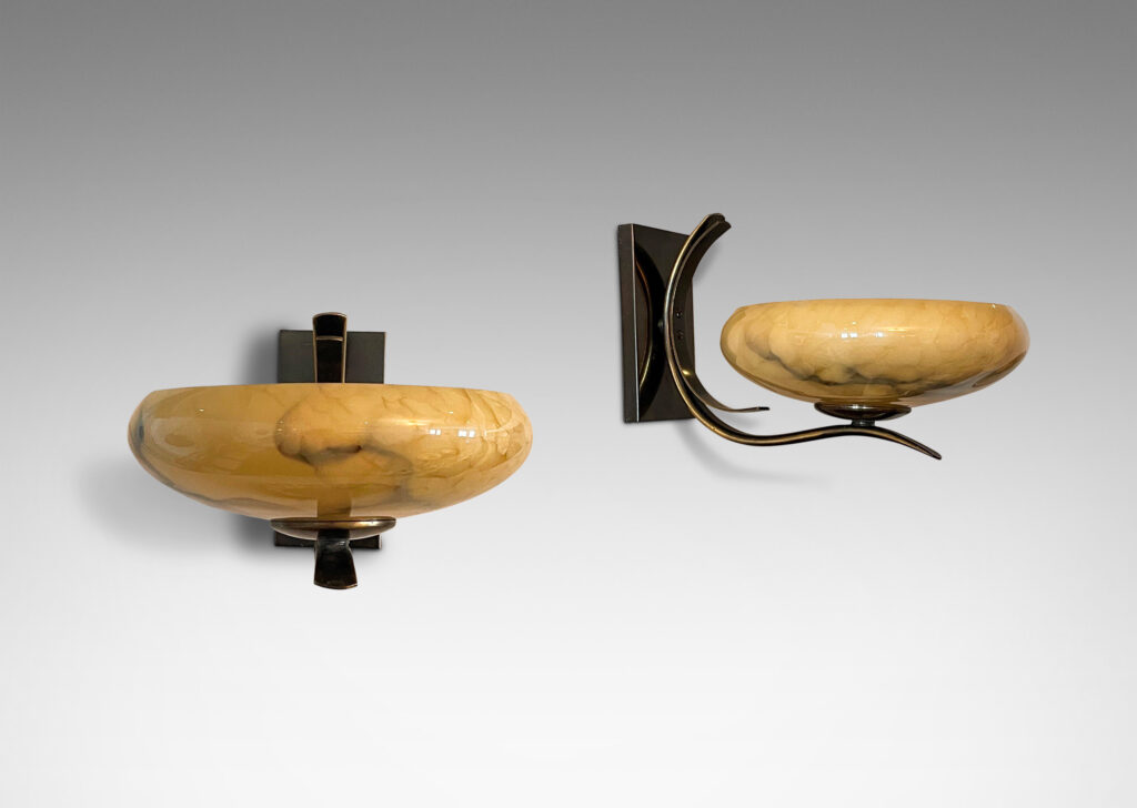 Gallery BAC scrolling brackets on rectangular mounts, with wide bowl shades; lathed alabaster and patinated brass