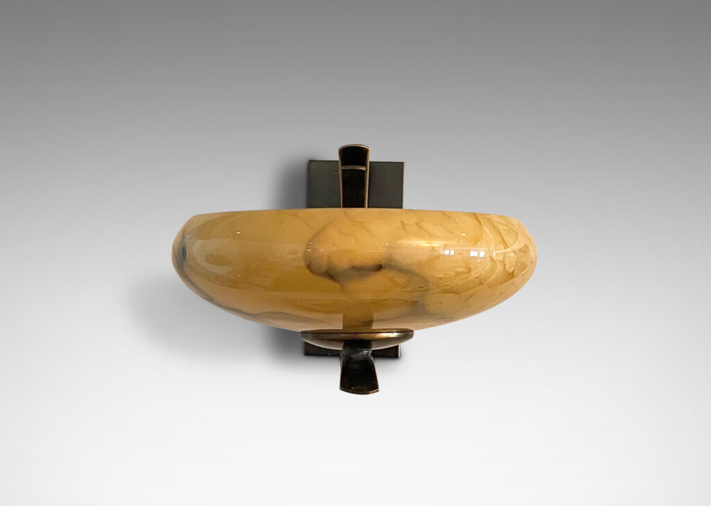 Gallery BAC scrolling brackets on rectangular mounts, with wide bowl shades; lathed alabaster and patinated brass