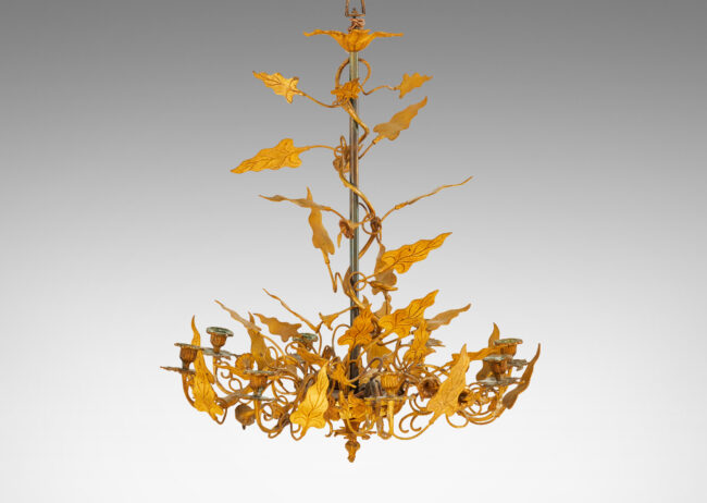 Gallery BAC two sockets to reflect light up from bowl, surrounded in entwined vine forms with lancet leaves and trumpet shaped flowers