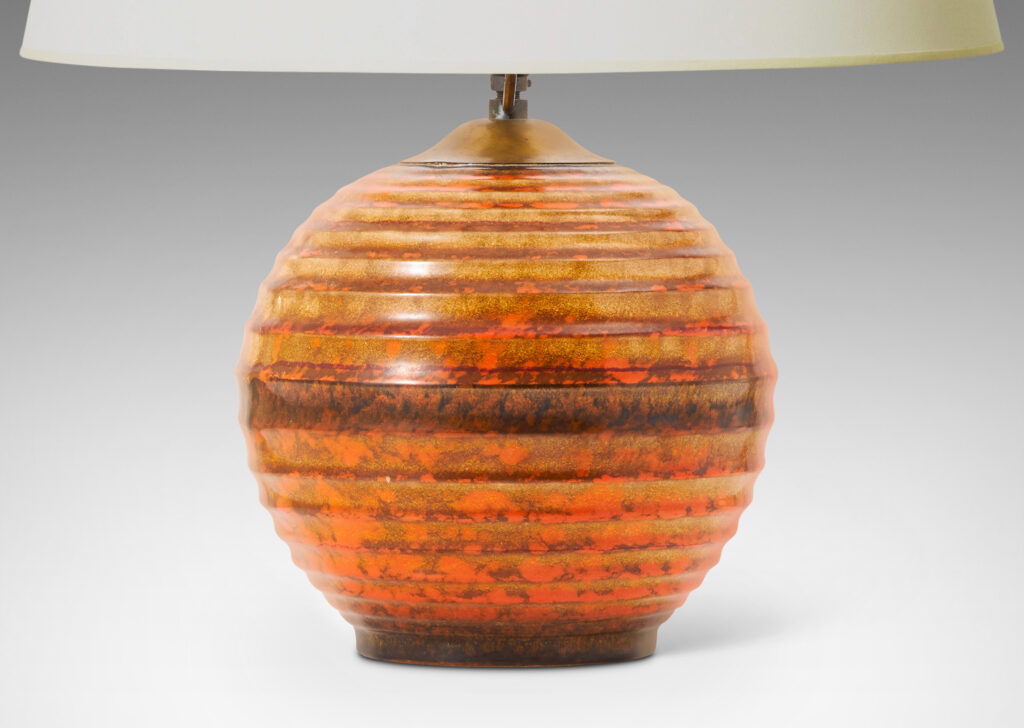 Gallery BAC horizontally fluted form glazed in a rich mottled orange-brown-gold glaze