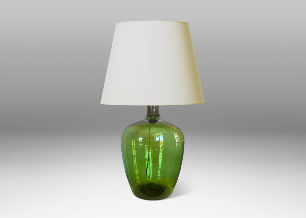 Gallery BAC ebullient apple-like form in hand-blown glass with a smoky olive tint and a brass cap