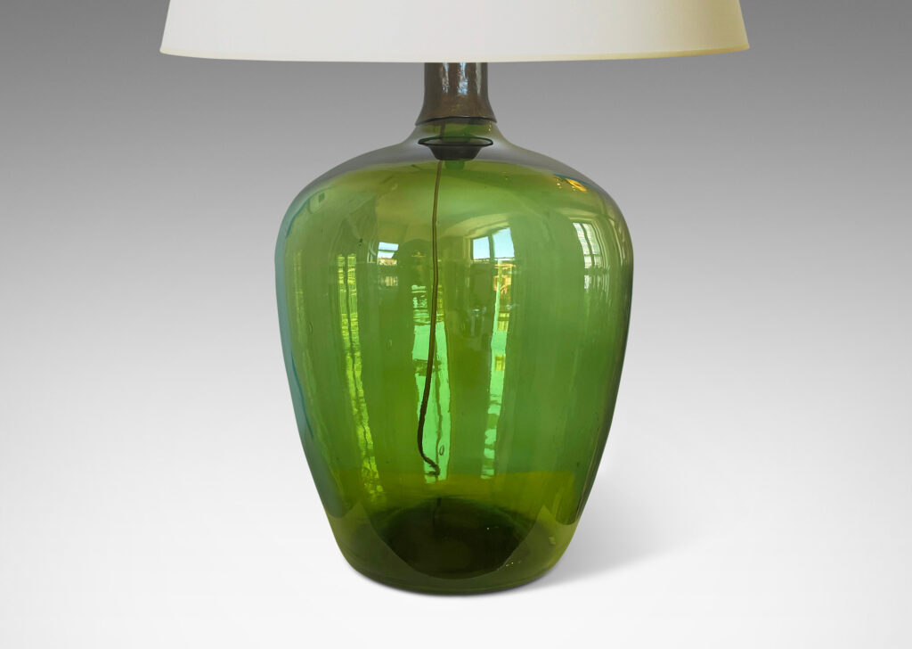 Gallery BAC ebullient apple-like form in hand-blown glass with a smoky olive tint and a brass cap