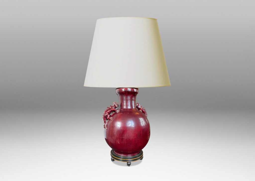 Gallery BAC plump globe form with wide mouth/neck and charming chameleon figure handles, glazed in a deep burgundy oxblood