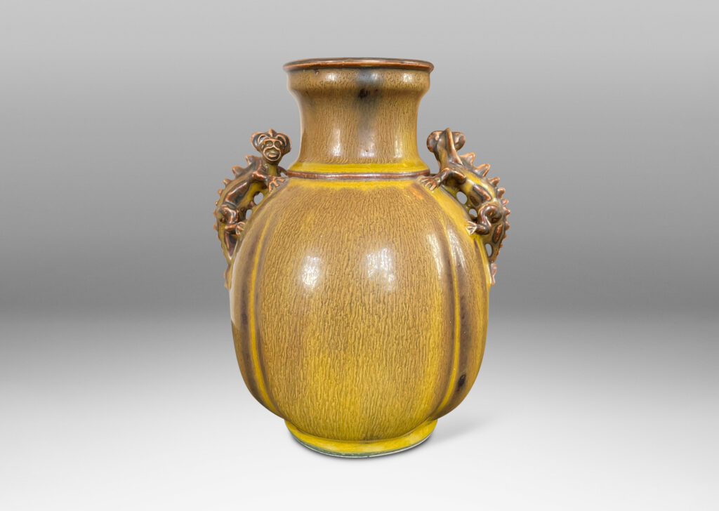 Gallery BAC lobed form with wide mouth/neck and charming chameleon figure handles in goldenrod and brown glaze