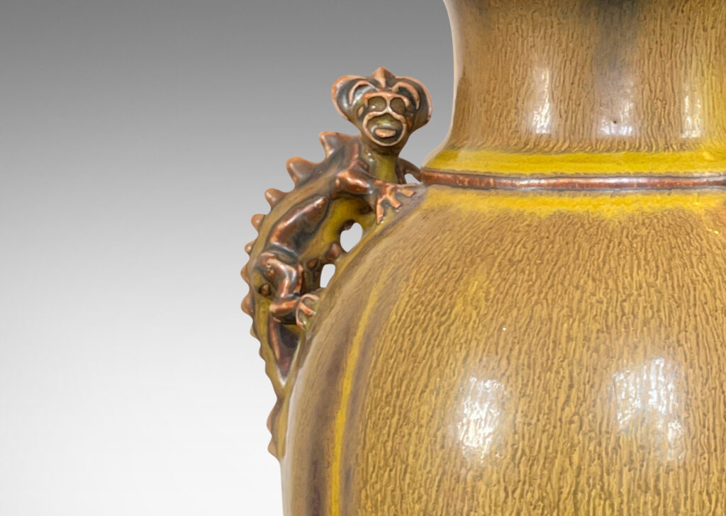 Gallery BAC lobed form with wide mouth/neck and charming chameleon figure handles in goldenrod and brown glaze