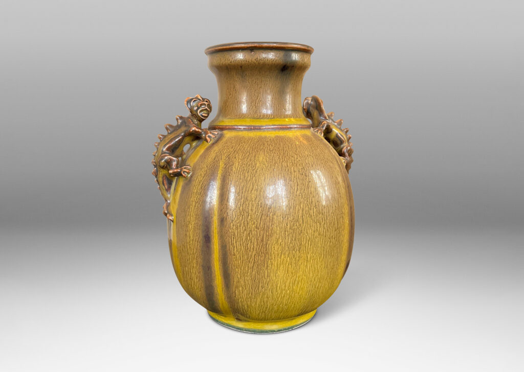 Gallery BAC lobed form with wide mouth/neck and charming chameleon figure handles in goldenrod and brown glaze