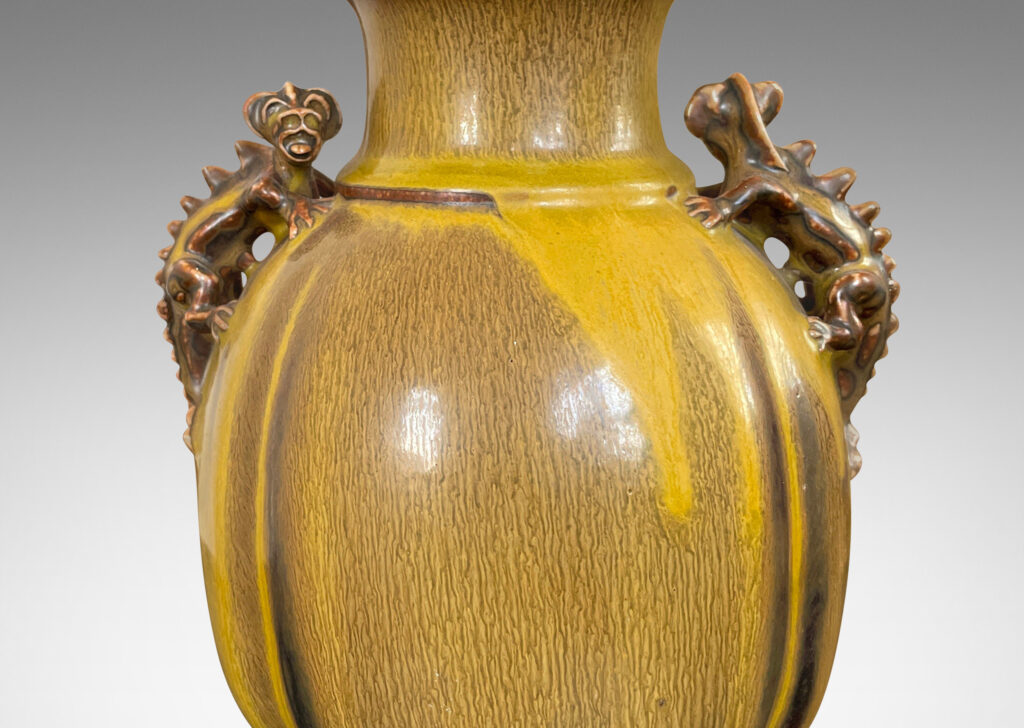 Gallery BAC lobed form with wide mouth/neck and charming chameleon figure handles in goldenrod and brown glaze