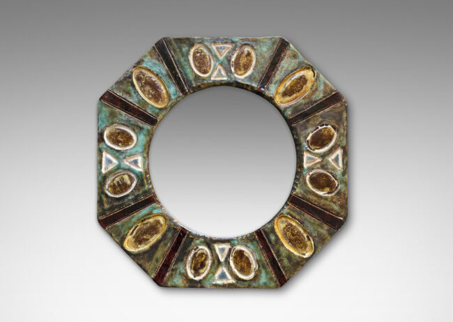 Gallery BAC octagonal frame with geometric reliefs, glazed in matte green, black, brown and ivory