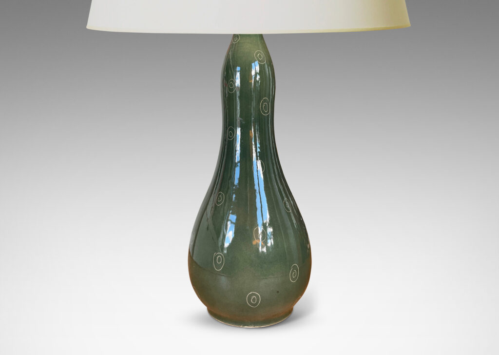 Gallery BAC attenuated double gourd form in shiny olive green glaze with sgraffito ring motifs