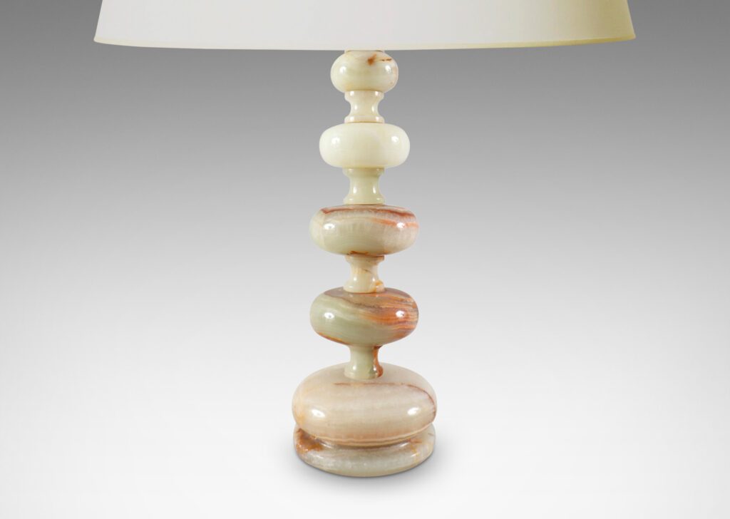 Gallery BAC tiered knob forms in ivory, green and rust tones; lathed onyx