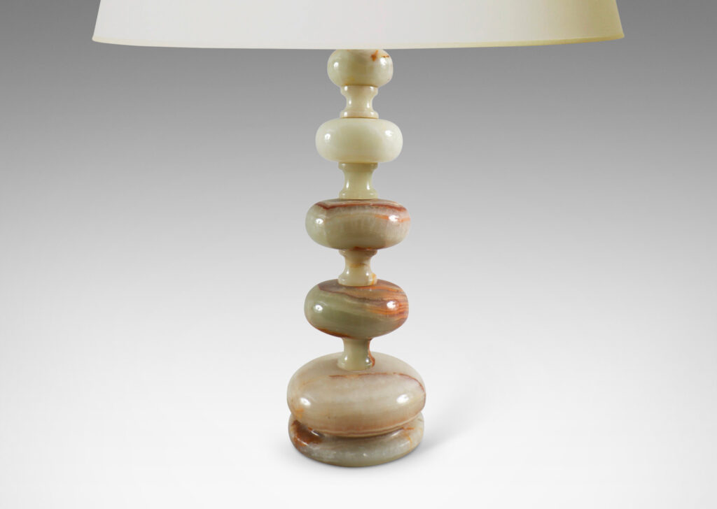 Gallery BAC tiered knob forms in ivory, green and rust tones; lathed onyx