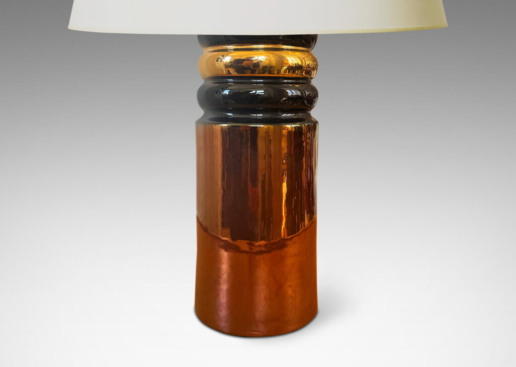 Gallery BAC cylindrical forms with scalloped top, glazed in a rich high luster copper, gold and black;