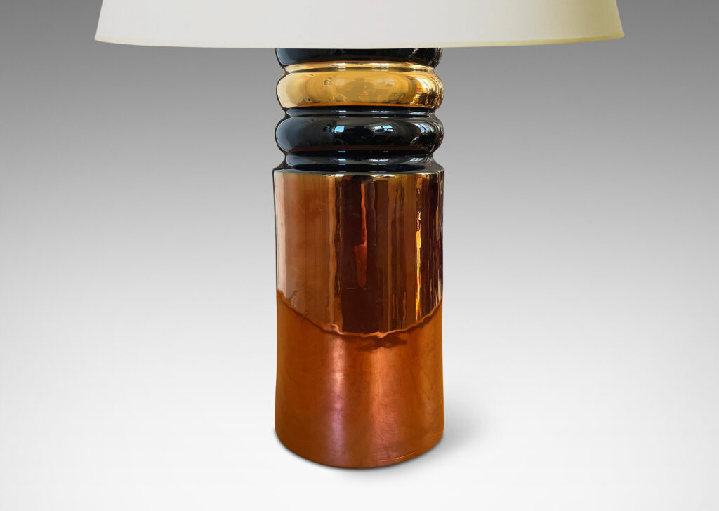 Gallery BAC cylindrical forms with scalloped top, glazed in a rich high luster copper, gold and black;