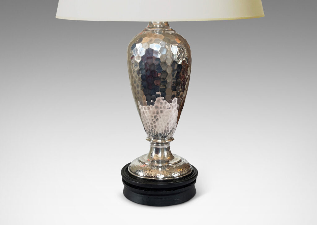 Gallery BAC tapered vase form with a beautifully executed hammered texture; sterling silver with ebonized wood base