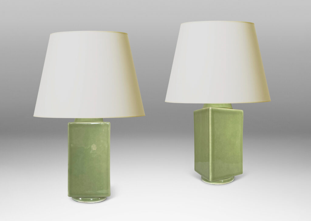 Gallery BAC square canister forms with round neck and reveals, glazed in an ethereal olive-celadon