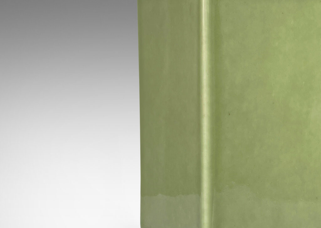 Gallery BAC square canister forms with round neck and reveals, glazed in an ethereal olive-celadon