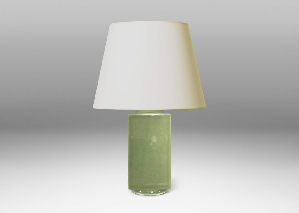 Gallery BAC square canister forms with round neck and reveals, glazed in an ethereal olive-celadon