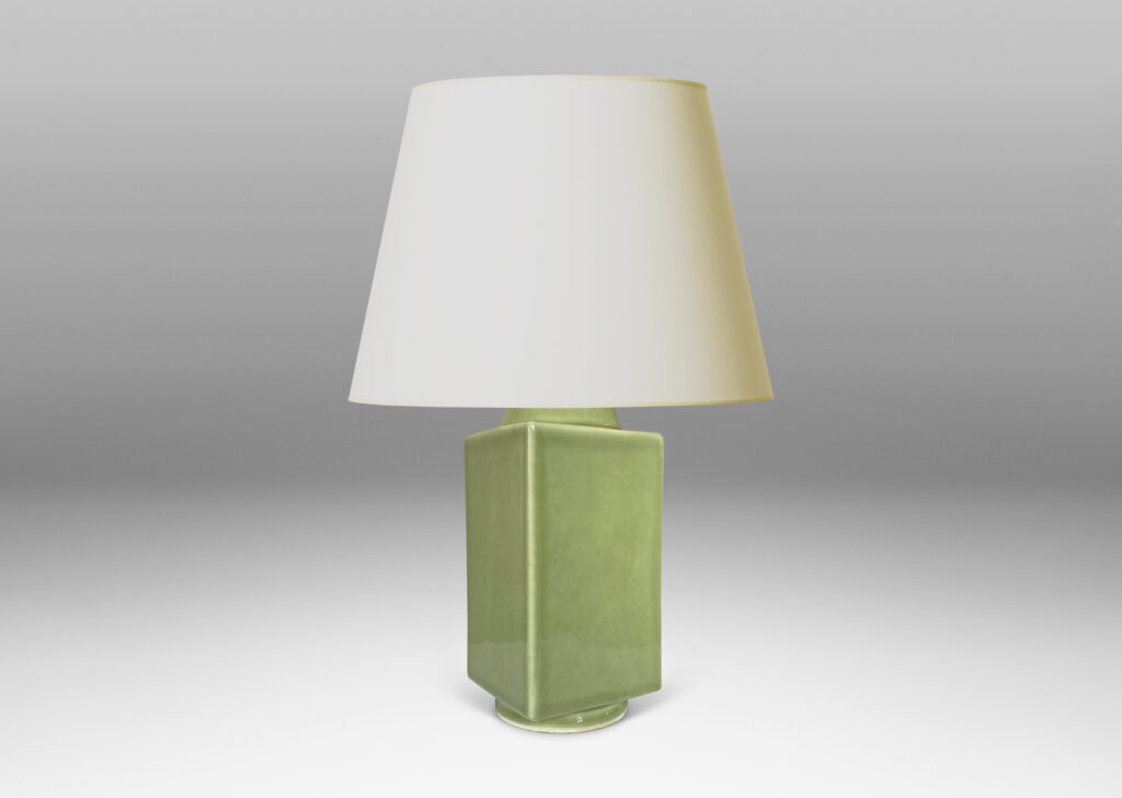 Gallery BAC square canister forms with round neck and reveals, glazed in an ethereal olive-celadon