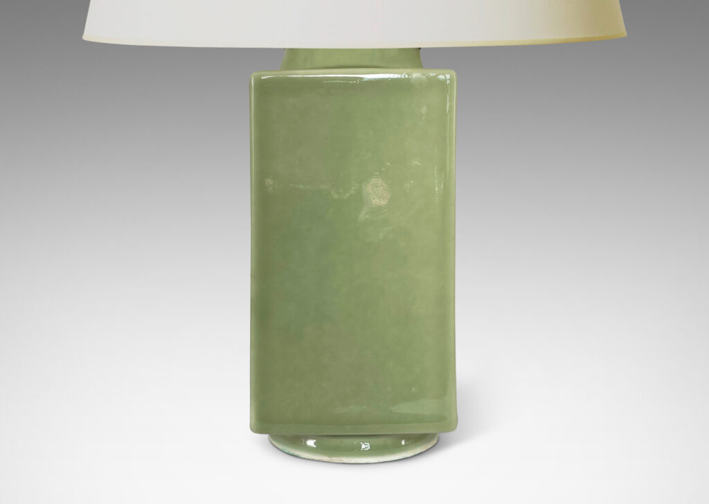 Gallery BAC square canister forms with round neck and reveals, glazed in an ethereal olive-celadon