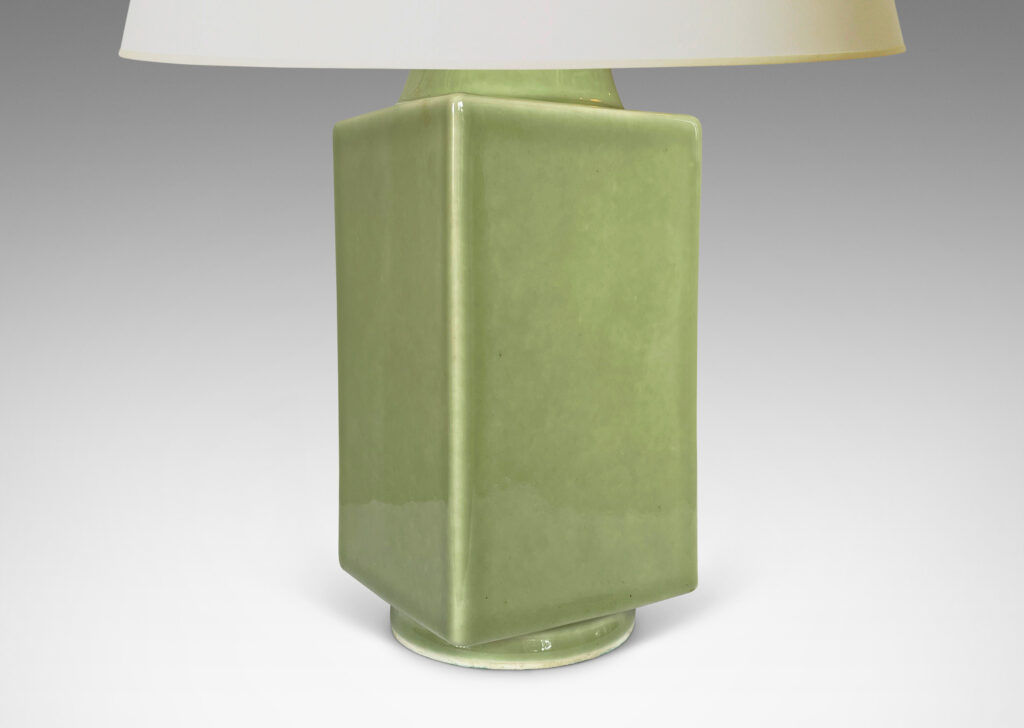 Gallery BAC square canister forms with round neck and reveals, glazed in an ethereal olive-celadon