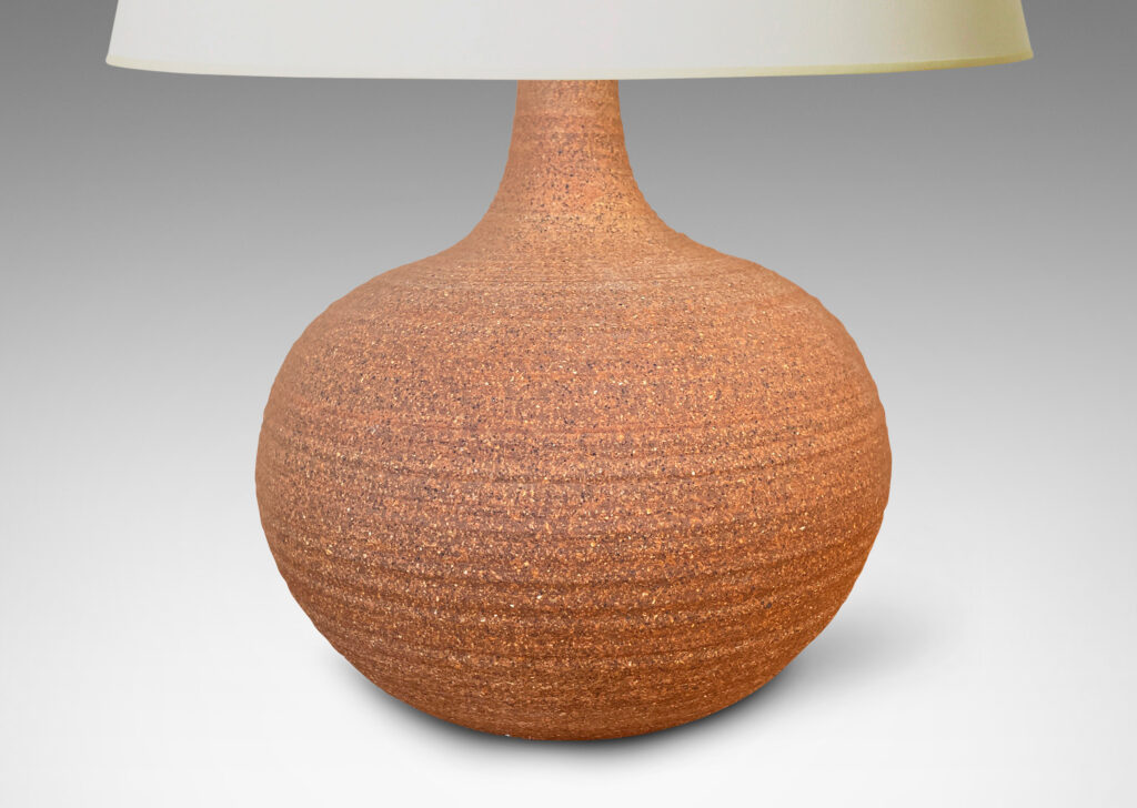 Gallery BAC ridged wide apple form with sprouting neck in an unglazed sandy-toned clay body