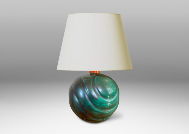 Gallery BAC tapering globe form with diagonal concentric lobes glazed in tonal teal green with persimmon orange