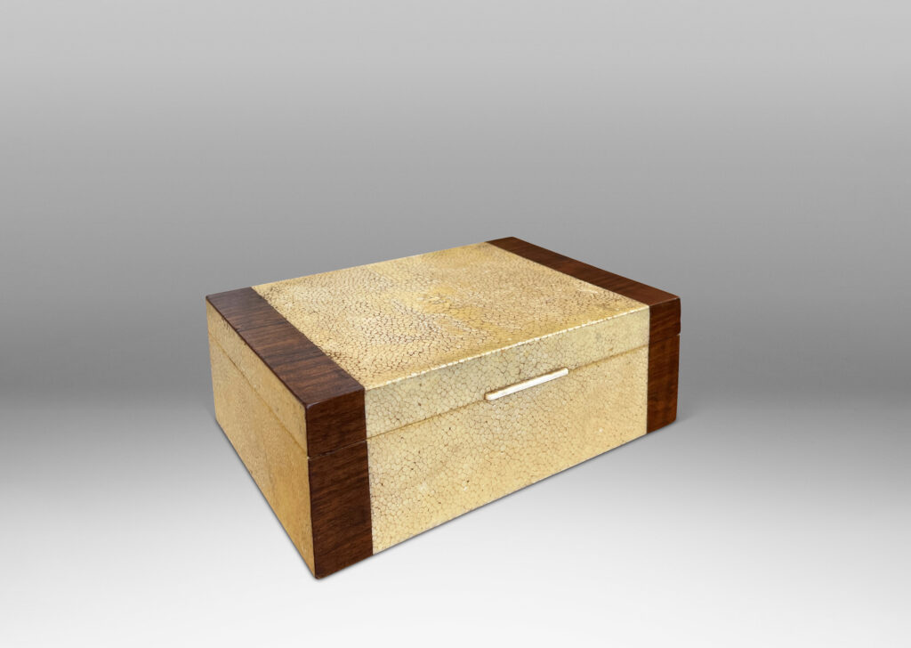 Gallery BAC lidded box in mahogany veneered in ivory shagreen bordered in on-end palisander