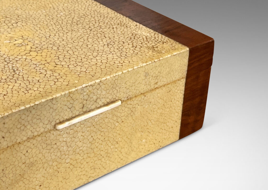 Gallery BAC lidded box in mahogany veneered in ivory shagreen bordered in on-end palisander