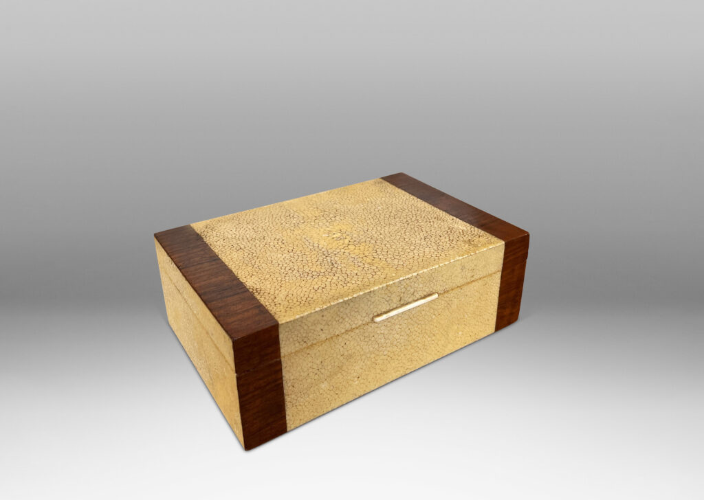 Gallery BAC lidded box in mahogany veneered in ivory shagreen bordered in on-end palisander