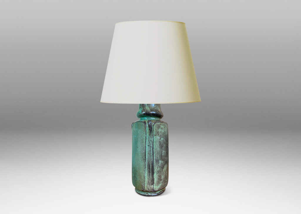 Gallery BAC square column form with chamfered edges and organic bud-form cap, glazed in teal-back