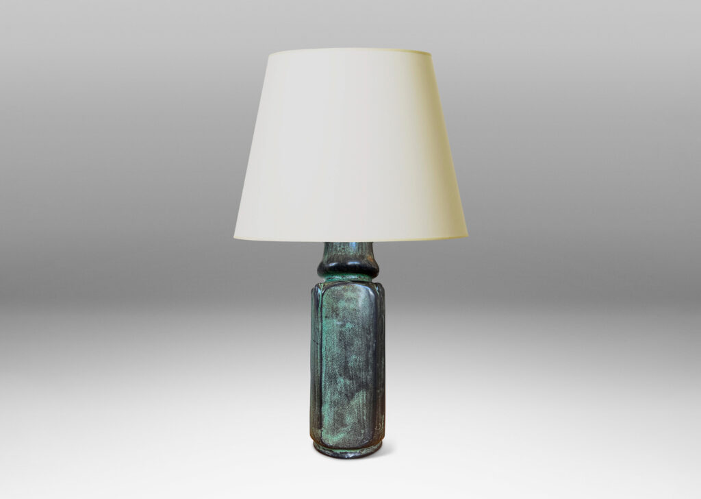 Gallery BAC square column form with chamfered edges and organic bud-form cap, glazed in teal-back