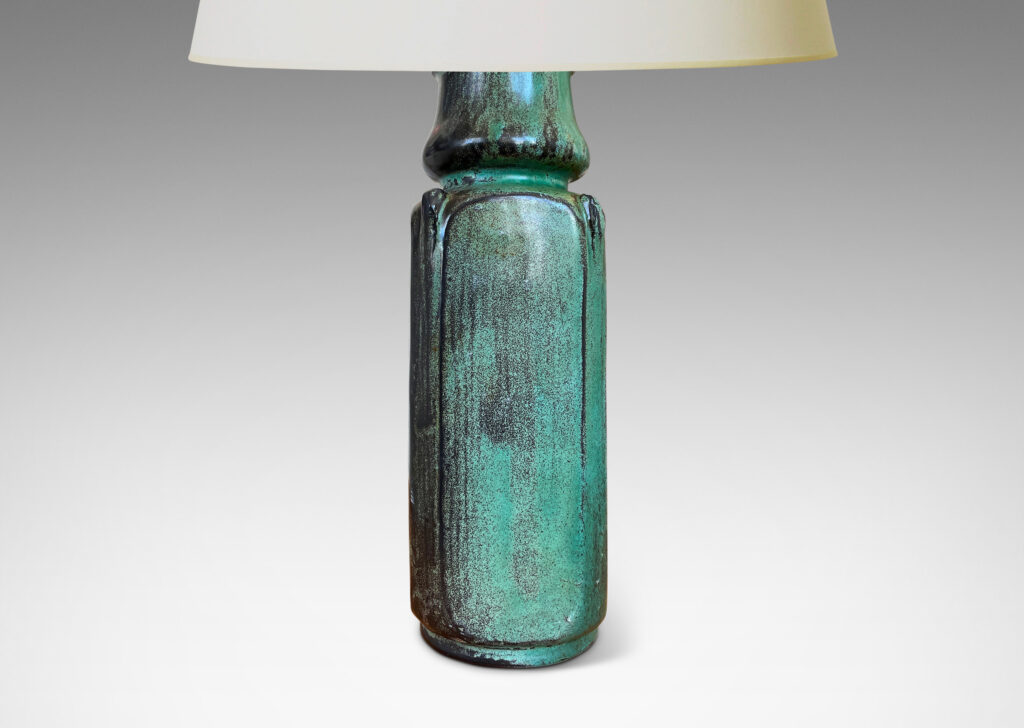 Gallery BAC square column form with chamfered edges and organic bud-form cap, glazed in teal-back