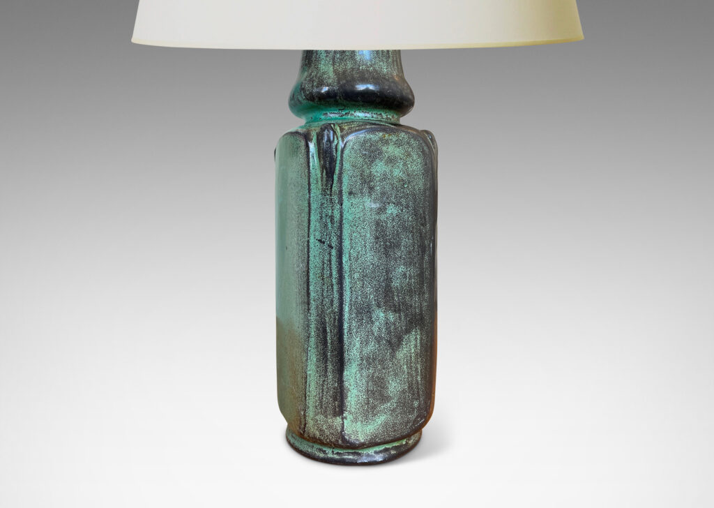 Gallery BAC square column form with chamfered edges and organic bud-form cap, glazed in teal-back