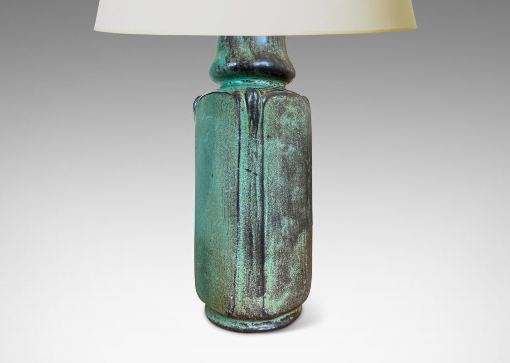 Gallery BAC square column form with chamfered edges and organic bud-form cap, glazed in teal-back