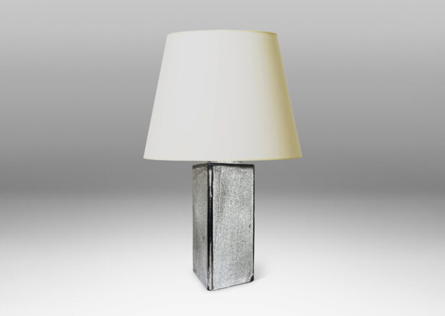 Gallery BAC tall square canister form with chamfered edges in a white-black tin glaze