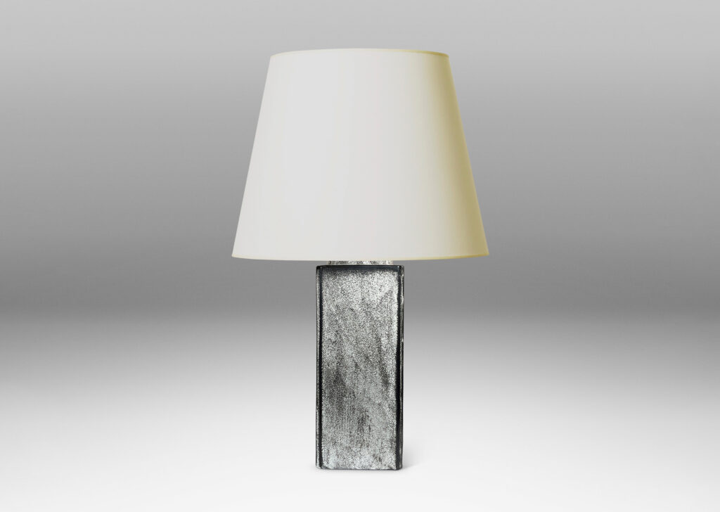 Gallery BAC tall square canister form with chamfered edges in a white-black tin glaze